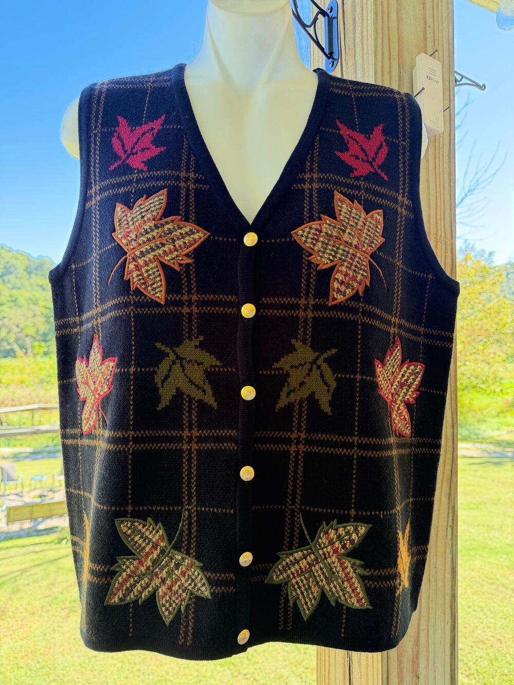 Vintage 90s NWT Croft&Barrow Fall Leaf Patchwork Plaid Navy Tan Sweater Vest M
